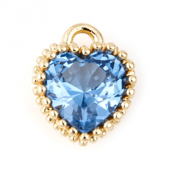 Picture of March Brass Birthstone Charms Heart Real Gold Plated Aqua Blue Cubic Zirconia 8mm x 6mm, 2 PCs                                                                                                                                                                