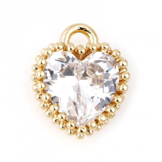 Picture of April Brass Birthstone Charms Heart Real Gold Plated Clear Cubic Zirconia 8mm x 6mm, 2 PCs                                                                                                                                                                    
