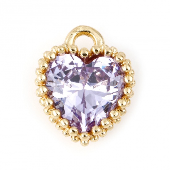 Picture of June Brass Birthstone Charms Heart Real Gold Plated Mauve Cubic Zirconia 8mm x 6mm, 2 PCs                                                                                                                                                                     