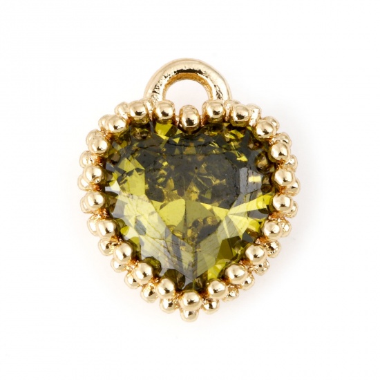 Immagine di Ottone Pietre Nascita Charms Cuore Oro riempito Verde Oliva Cubic Zirconiae 8mm x 6mm, 2 Pz                                                                                                                                                                   