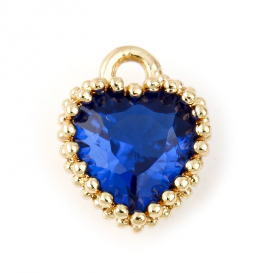 Picture of September Brass Birthstone Charms Heart Real Gold Plated Royal Blue Cubic Zirconia 8mm x 6mm, 2 PCs                                                                                                                                                           