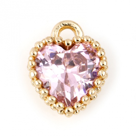 Picture of October Brass Birthstone Charms Heart Real Gold Plated Light Pink Cubic Zirconia 8mm x 6mm, 2 PCs                                                                                                                                                             