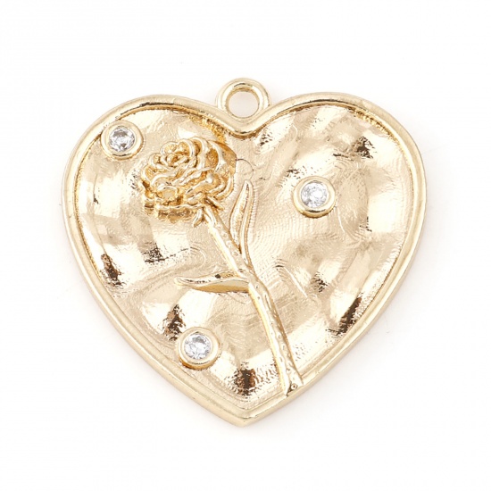 Immagine di Ottone Fiore del Mese di Nascita Charms Cuore Vero Oro Placcato Garofano Trasparente Cubic Zirconiae 20mm x 20mm, 2 Pz