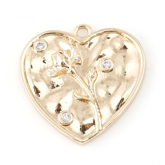 Immagine di Ottone Fiore del Mese di Nascita Charms Cuore Vero Oro Placcato Sakura Fiore Trasparente Cubic Zirconiae 20mm x 20mm, 2 Pz