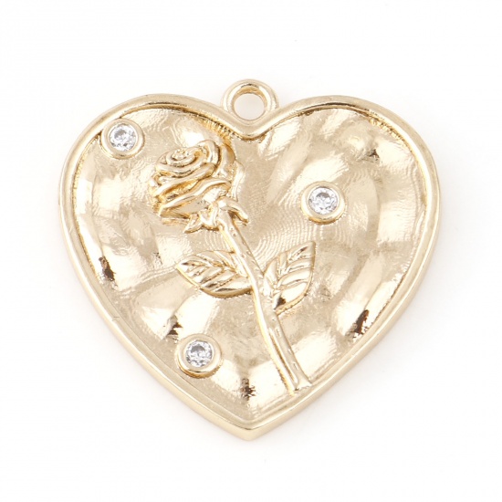 Immagine di Ottone Fiore del Mese di Nascita Charms Cuore Vero Oro Placcato Rosa Trasparente Cubic Zirconiae 20mm x 20mm, 2 Pz