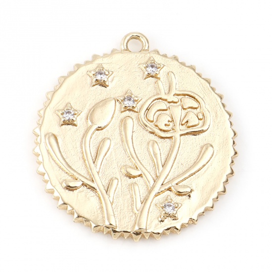 Immagine di Ottone Fiore del Mese di Nascita Charms Tondo Vero Oro Placcato Viola Trasparente Cubic Zirconiae 23mm x 22mm, 2 Pz