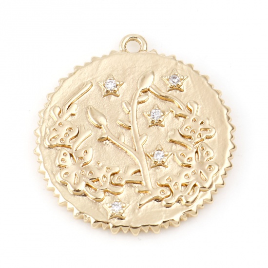 Immagine di Ottone Fiore del Mese di Nascita Charms Tondo Vero Oro Placcato Sakura Fiore Trasparente Cubic Zirconiae 23mm x 22mm, 2 Pz