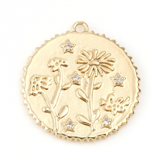 Immagine di Ottone Fiore del Mese di Nascita Charms Tondo Vero Oro Placcato Fiore Margherita Trasparente Cubic Zirconiae 23mm x 22mm, 2 Pz