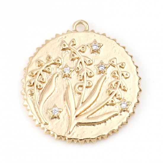 Immagine di Ottone Fiore del Mese di Nascita Charms Tondo Vero Oro Placcato Mughetto Trasparente Cubic Zirconiae 23mm x 22mm, 2 Pz