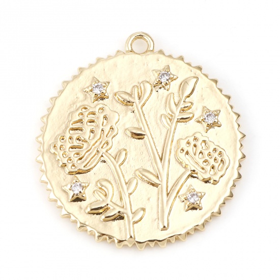 Immagine di Ottone Fiore del Mese di Nascita Charms Tondo Vero Oro Placcato Camelia Trasparente Cubic Zirconiae 23mm x 22mm, 2 Pz