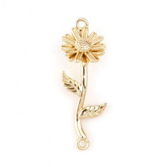 Picture of April Brass Birth Month Flower Connectors Real Gold Plated Daisy Flower 25mm x 8mm, 2 PCs                                                                                                                                                                     