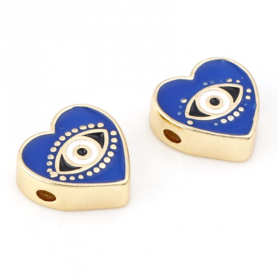 Picture of 2 PCs Eco-friendly Brass Valentine's Day Beads For DIY Jewelry Making Real Gold Plated Dark Blue Heart Evil Eye Enamel 11mm x 11mm, Hole: Approx 1.5x1.2mm