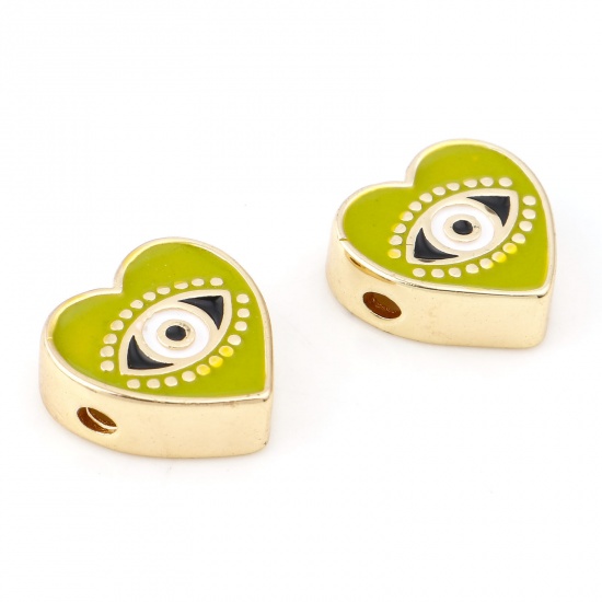 Picture of 2 PCs Eco-friendly Brass Valentine's Day Beads For DIY Jewelry Making Real Gold Plated Green Heart Evil Eye Enamel 11mm x 11mm, Hole: Approx 1.5x1.2mm