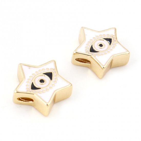 Picture of 2 PCs Eco-friendly Brass Religious Beads For DIY Jewelry Making Real Gold Plated White Pentagram Star Evil Eye Enamel 11mm x 11mm, Hole: Approx 2.5x1mm