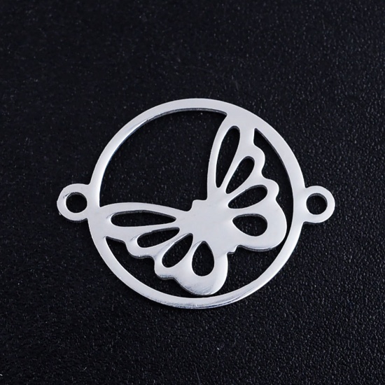 Bild von Edelstahl Insekt Verbinder Rund Silberfarbe Schmetterling Hohl 19.5mm x 15mm, 5 Stück