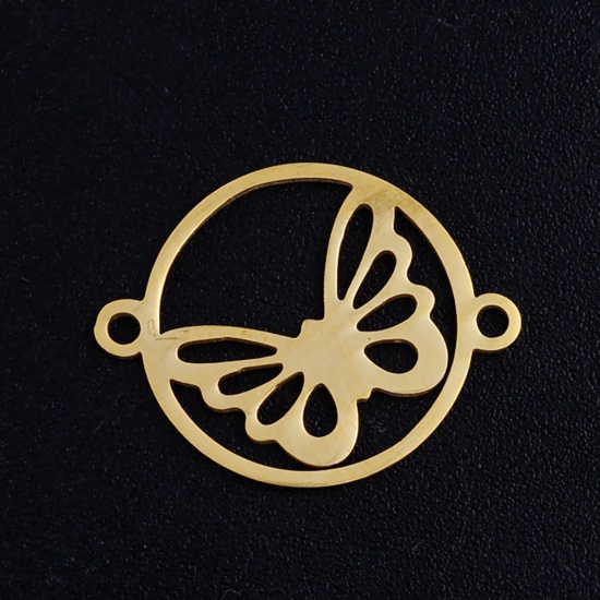 Bild von Edelstahl Insekt Verbinder Rund Vergoldet Schmetterling Hohl 19.5mm x 15mm, 5 Stück