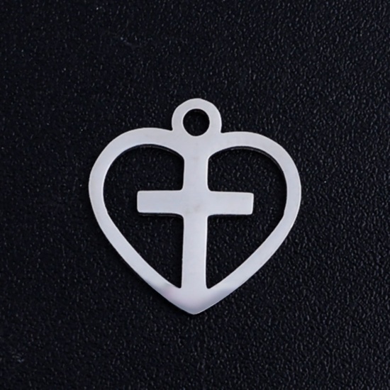 Immagine di Acciaio Inossidabile San Valentino Charms Cuore Tono Argento Croce Filigrana 12mm Dia., 5 Pz