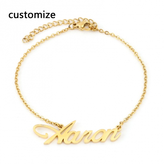 Picture of Stainless Steel Customized Name Bracelets Personalized Letter Charm Pendant Gold Plated 1 Piece
