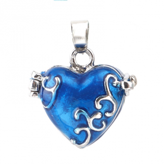 Picture of Copper Charms Mexican Angel Caller Bola Harmony Ball Wish Box Locket Heart Carved Pattern Silver Tone Blue Enamel Can Open 25x21mm - 22x21mm, 1 Piece