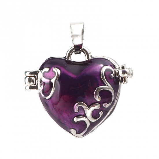 Picture of Copper Charms Mexican Angel Caller Bola Harmony Ball Wish Box Locket Heart Carved Pattern Silver Tone Purple Enamel Can Open 25x21mm - 22x21mm, 1 Piece
