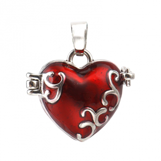 Picture of Copper Charms Mexican Angel Caller Bola Harmony Ball Wish Box Locket Heart Carved Pattern Silver Tone Red Enamel Can Open 25x21mm - 22x21mm, 1 Piece