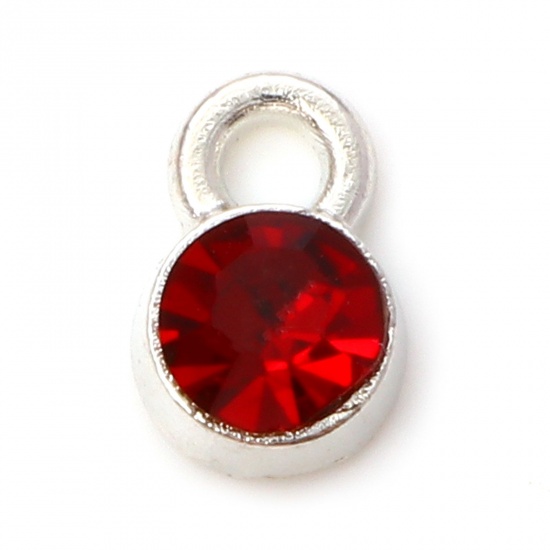Picture of Zinc Based Alloy Birthstone Charms Silver Tone Round January Wine Red Rhinestone 9mm x 6mm, 20 PCs