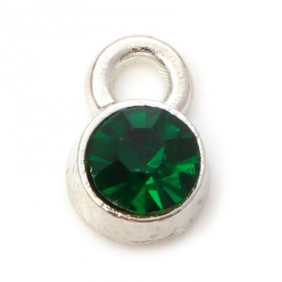 Picture of Zinc Based Alloy Birthstone Charms Silver Tone Round May Green Rhinestone 9mm x 6mm, 20 PCs