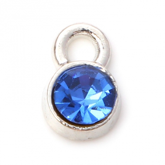 Picture of Zinc Based Alloy Birthstone Charms Silver Tone Round March Blue Rhinestone 9mm x 6mm, 20 PCs