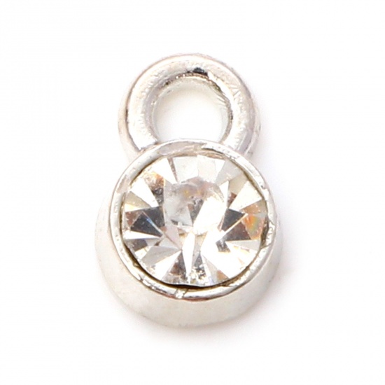 Picture of Zinc Based Alloy Birthstone Charms Silver Tone Round April White Rhinestone 9mm x 6mm, 20 PCs