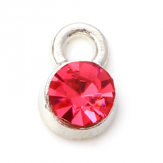 Picture of Zinc Based Alloy Birthstone Charms Silver Tone Round October Fuchsia Rhinestone 9mm x 6mm, 20 PCs