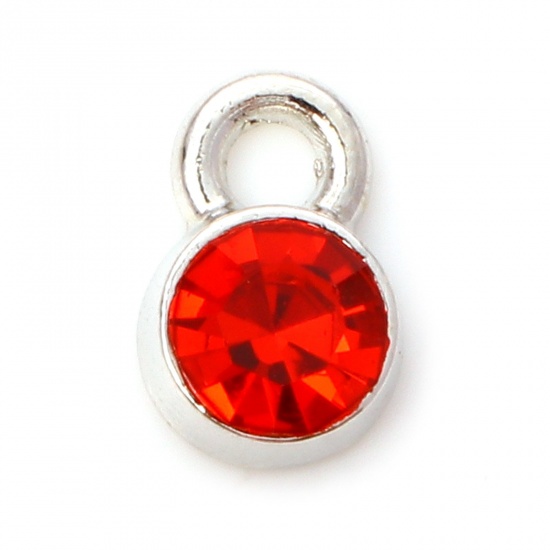 Picture of Zinc Based Alloy Birthstone Charms Silver Tone Round July Red Rhinestone 9mm x 6mm, 20 PCs