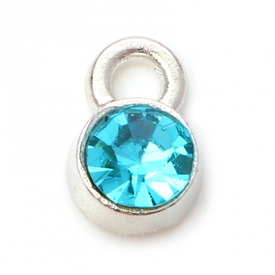 Picture of Zinc Based Alloy Birthstone Charms Silver Tone Round December Light Blue Rhinestone 9mm x 6mm, 20 PCs