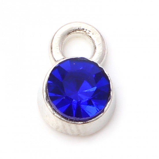 Picture of Zinc Based Alloy Birthstone Charms Silver Tone Round September Royal Blue Rhinestone 9mm x 6mm, 20 PCs