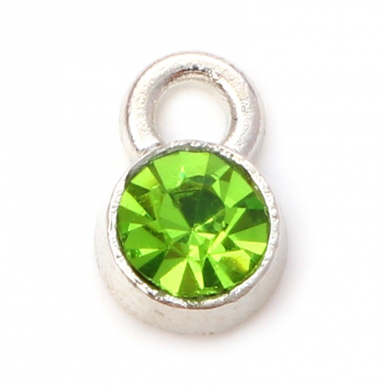 Picture of Zinc Based Alloy Birthstone Charms Silver Tone Round August Light Green Rhinestone 9mm x 6mm, 20 PCs