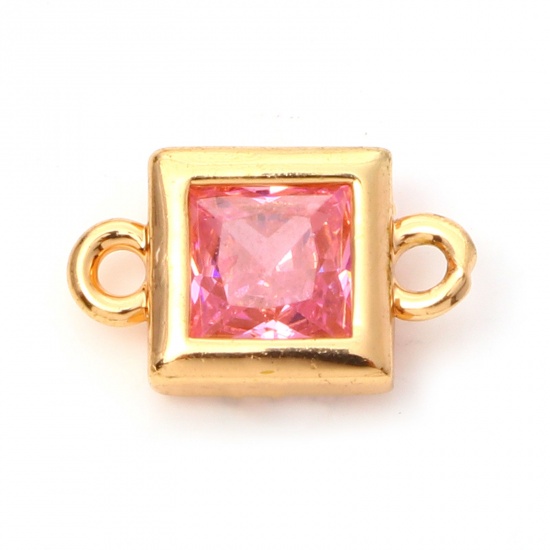 Picture of Brass Geometry Series Connectors Gold Plated Square Pink Cubic Zirconia 13mm x 8mm, 2 PCs