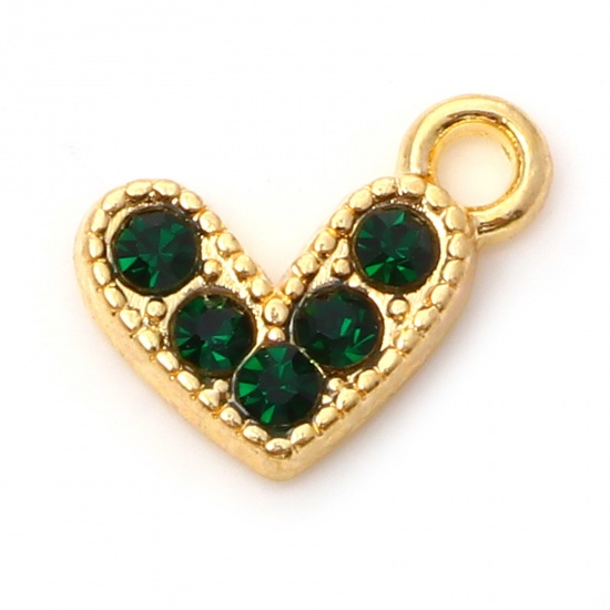 Immagine di Lega di Zinco San Valentino Charms Cuore Oro Placcato Verde Scuro Strass Micro Spianare 10mm x 8mm , 20 Pz