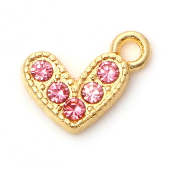 Immagine di Lega di Zinco San Valentino Charms Cuore Oro Placcato Roso Strass Micro Spianare 10mm x 8mm , 20 Pz