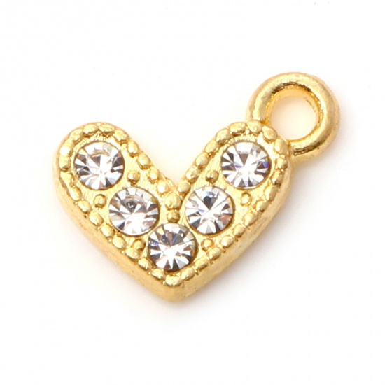 Immagine di Lega di Zinco San Valentino Charms Cuore Oro Placcato Trasparente Strass Micro Spianare 10mm x 8mm , 20 Pz