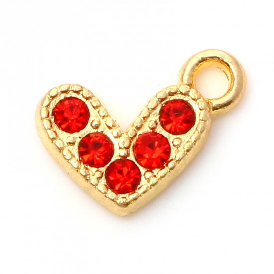 Immagine di Lega di Zinco San Valentino Charms Cuore Oro Placcato Rosso Strass Micro Spianare 10mm x 8mm , 20 Pz