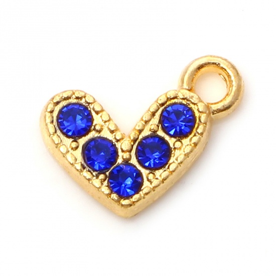 Immagine di Lega di Zinco San Valentino Charms Cuore Oro Placcato Blu Marino Strass Micro Spianare 10mm x 8mm , 20 Pz