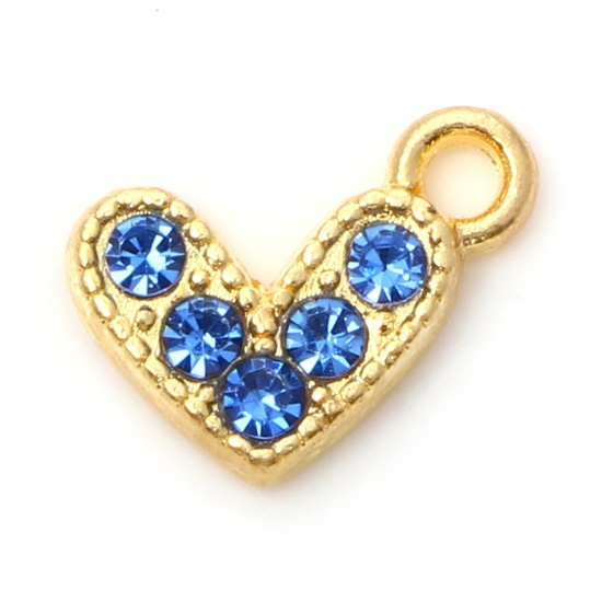 Immagine di Lega di Zinco San Valentino Charms Cuore Oro Placcato Blu Strass Micro Spianare 10mm x 8mm , 20 Pz