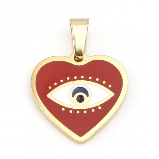 Picture of 304 Stainless Steel Religious Charms Gold Plated Red Heart Eye of Providence/ All-seeing Eye Enamel 20mm x 15mm, 1 Piece