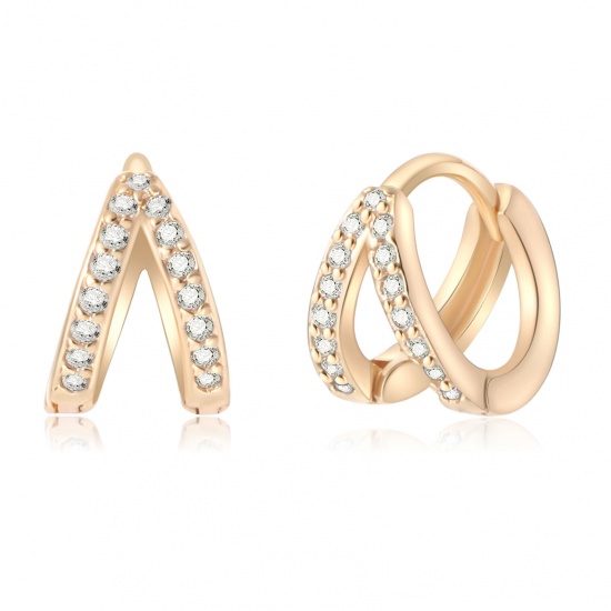 Immagine di 2 Pz Ecologico Elegante Squisito 18K Vero Oro Placcato Ottone & Strass Orecchini Circolari Per Donne Regalo 10mm x 8.5mm, Posta / Filo Dimensione: 0.8mm(20 misura)
