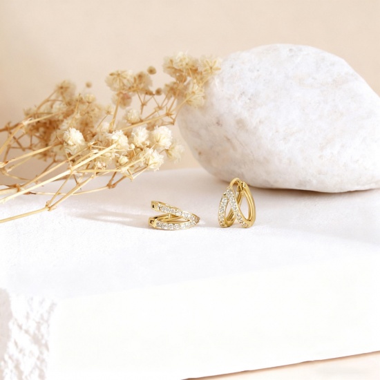 Immagine di 2 Pz Ecologico Elegante Squisito 18K Vero Oro Placcato Ottone & Strass Orecchini Circolari Per Donne Regalo 10mm x 8.5mm, Posta / Filo Dimensione: 0.8mm(20 misura)