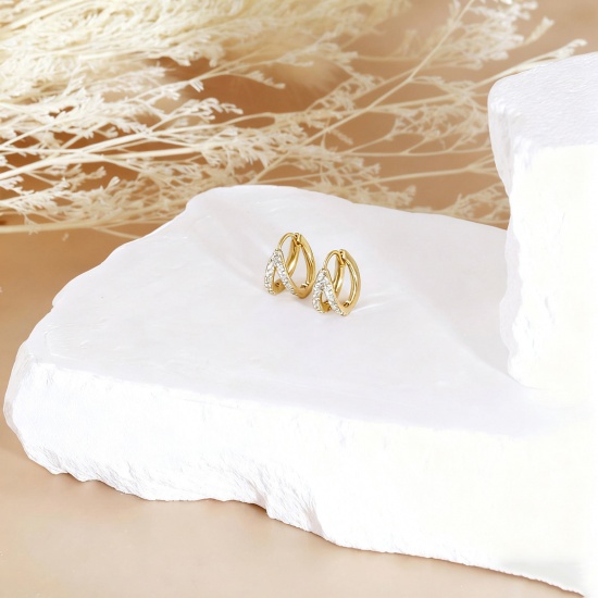 Immagine di 2 Pz Ecologico Elegante Squisito 18K Vero Oro Placcato Ottone & Strass Orecchini Circolari Per Donne Regalo 10mm x 8.5mm, Posta / Filo Dimensione: 0.8mm(20 misura)