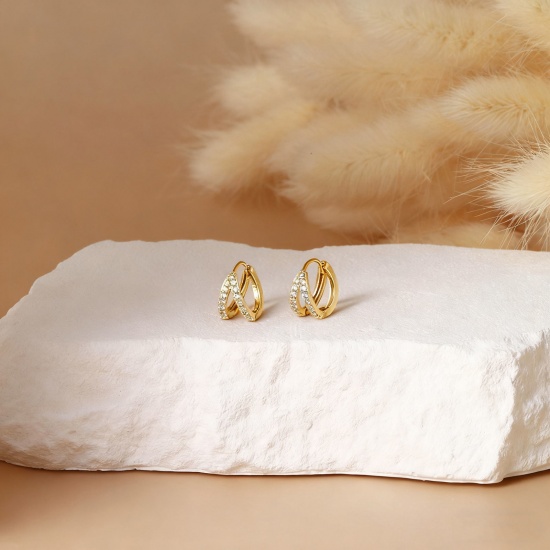 Immagine di 2 Pz Ecologico Elegante Squisito 18K Vero Oro Placcato Ottone & Strass Orecchini Circolari Per Donne Regalo 10mm x 8.5mm, Posta / Filo Dimensione: 0.8mm(20 misura)