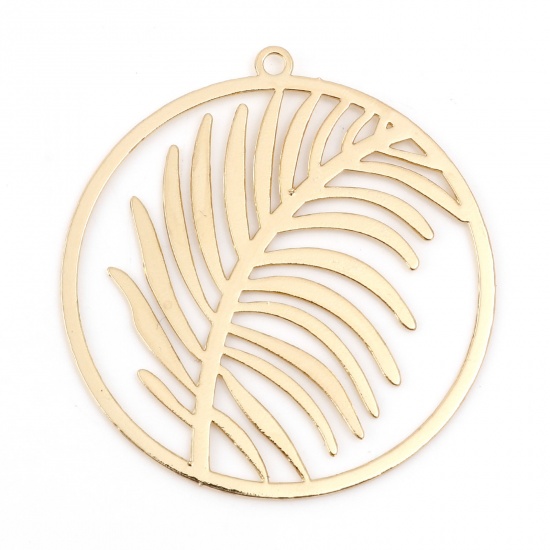 Picture of Iron Based Alloy Filigree Stamping Pendants KC Gold Plated Round Leaf 3.3cm x 3.1cm, 10 PCs