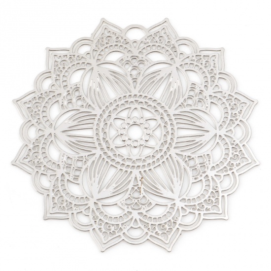 Bild von Eisenlegierung Filigran Stempel Verzierung Anhänger Blumen Silberfarbe 4cm x 4cm, 5 Stück