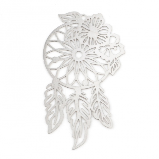 Picture of Iron Based Alloy Filigree Stamping Pendants Silver Tone Dream Catcher Flower 4.5cm x 2.6cm, 10 PCs