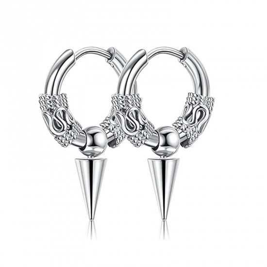 Image de Boucles d'Oreilles Créole Anneaux en Acier Inoxydable Punk Argent Mat Cône Dragons 14mm x 2.5mm , Epaisseur de Fil: (18 gauge), 1 Paire